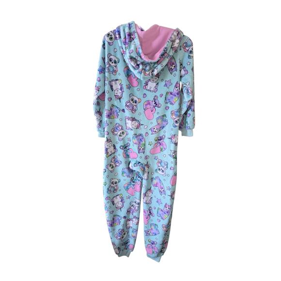 PJ Place 1 Piece Hooded Pajama Fleece Size L Inseam 24" Unicorn Bear Print - Picture 2 of 5